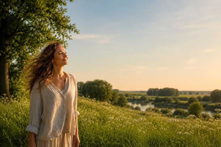 "Je MAGG Stralen, van binnenuit" Vrouw straalt in het zonlicht dat op haar gezicht schijnt