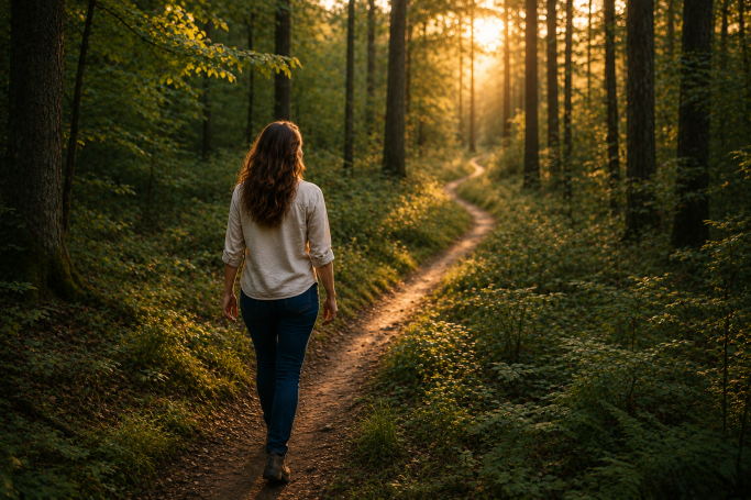 "Je MAGG er zijn" Vrouw die langs een bospad wandelt, met zonlicht dat door de bomen valt.