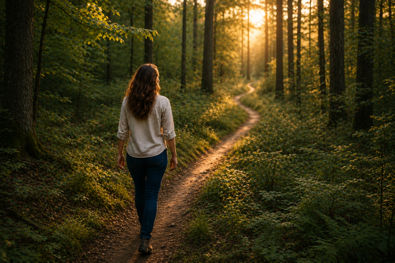 Vrouw loopt vol zelfvertrouwen op een pad door een bos met de zon die tussen de bomen straalt.