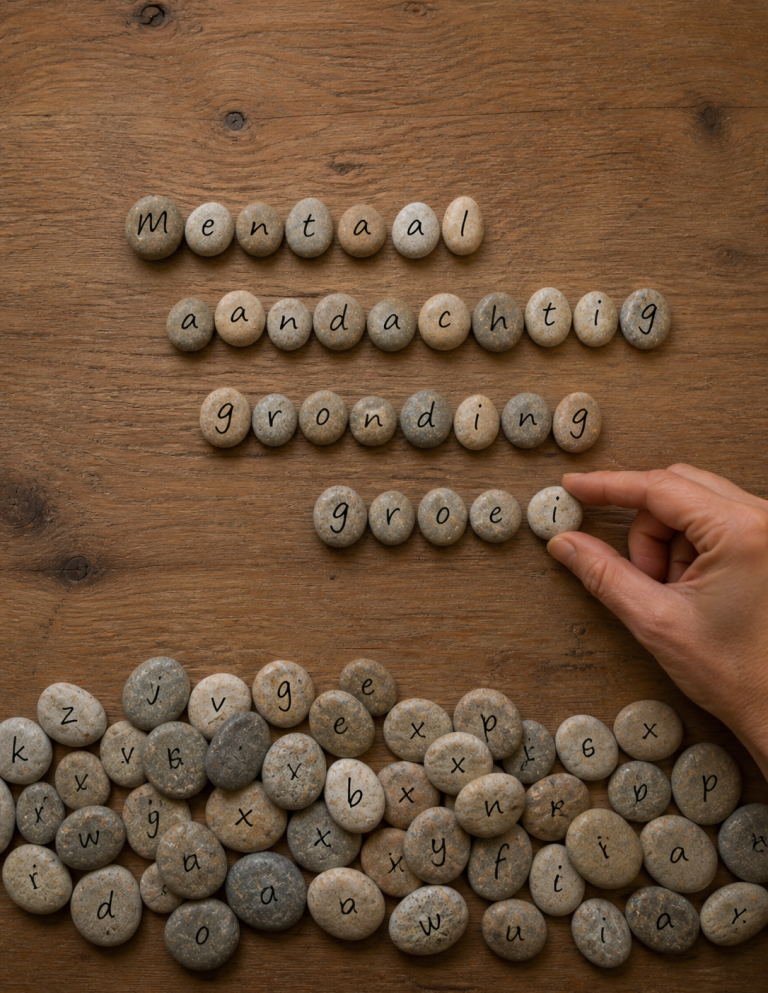 M A G G Mentaal, Aandachtig, Gronding en Groei Kleine stenen met letters op een houten tafel, een hand pakt een steen. De stenen vormen de woorden Mentaal, Aandachtig, Gronding en Groei