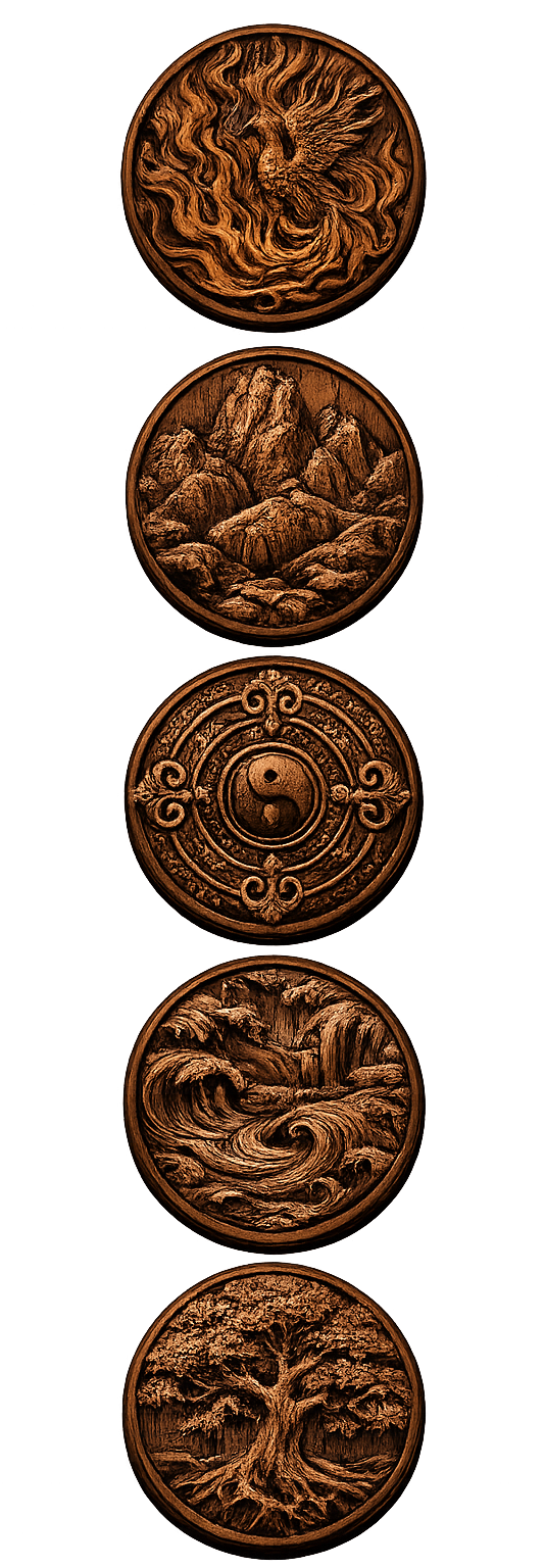 Vijf ronde, bronzen medailles symboliseren de vijf elementen van uit de Chinese geneeskunde. Vuur Feniks, Aarde, bergen en grond, Metaal, schild, Water, Waterval en stromend water, Hout, bomen en groei