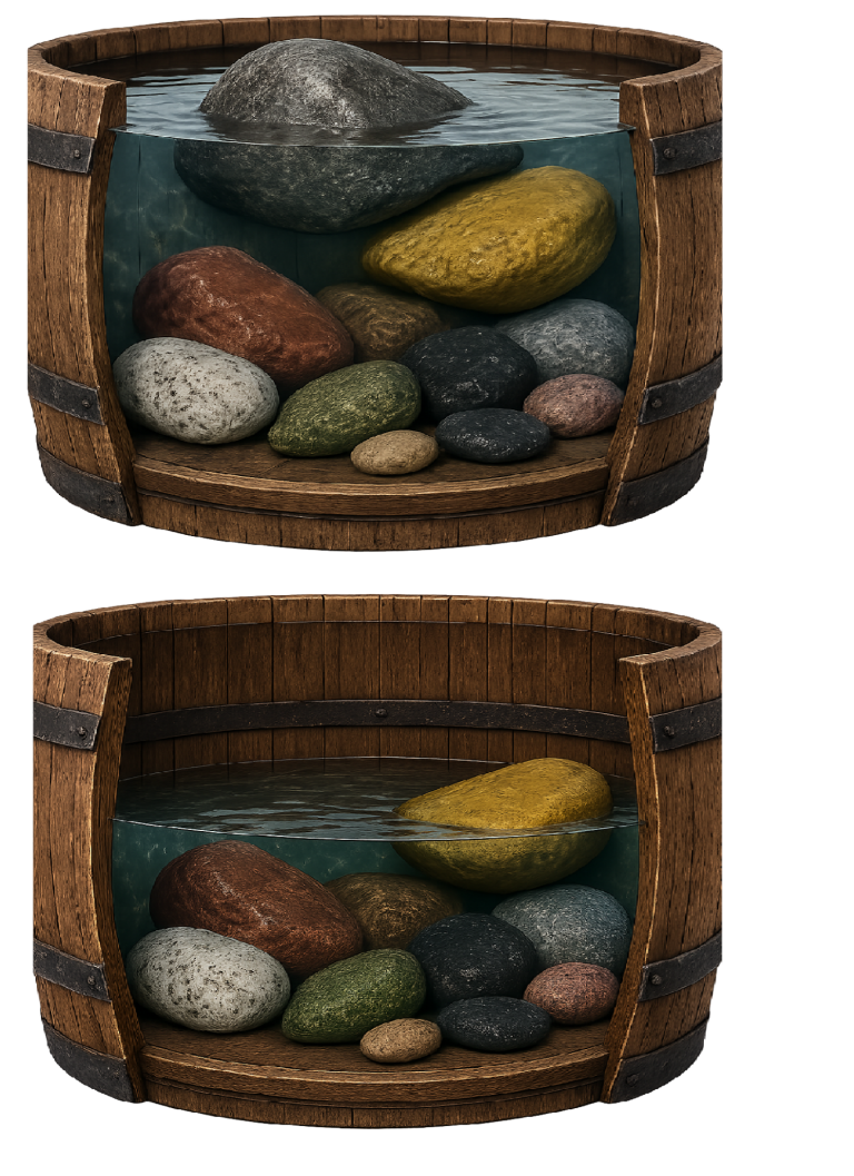 De onderste steen boven halen Houten ton met water en verschillende stenen op de bodem. Representeren pegjes die kunnen zorgen voor fysieke en emotionele klachten