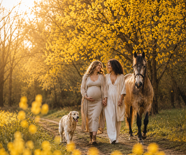 Verbinding tussen mens en dier Vrouw, zwangere vrouw, hond en paard wandelen samen in de natuur als symbool voor verbinding en balans