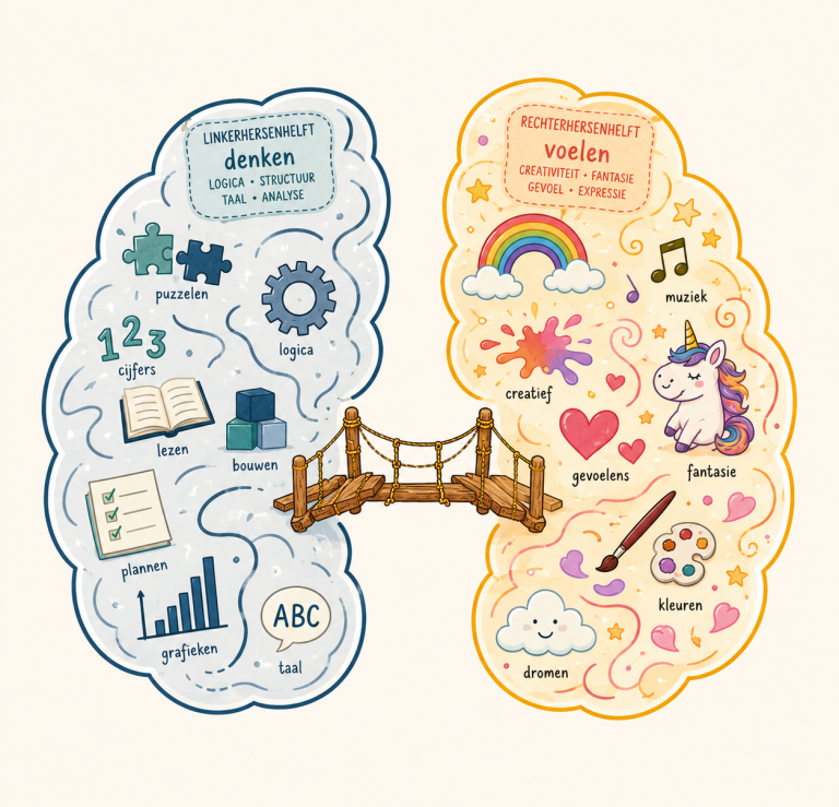 Communicatie tussen feiten en emotie voor kinderen. Illustratie van een brug tussen linker en rechter hersenhelft, denken en voelen, met iconen van wetenschap en creativiteit.